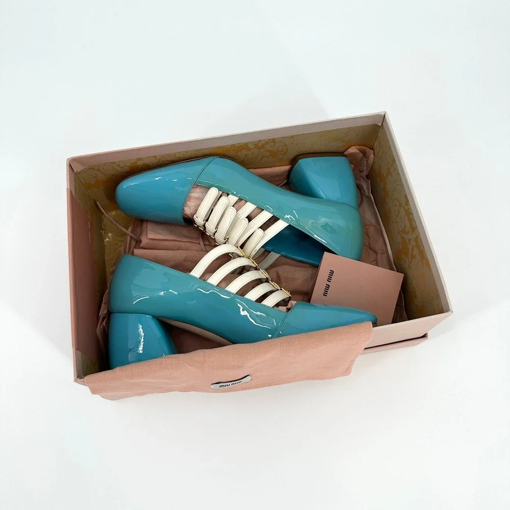 Miu Miu FW2015 Blue Patent Leather Multi-Strap Block Heel Pumps Size 37.5